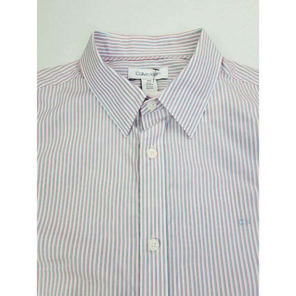 Calvin Klein Slim Fit Med Mens Red White Blue Stripe Extra Fine Cotton Shirt NWT - Picture 1 of 12